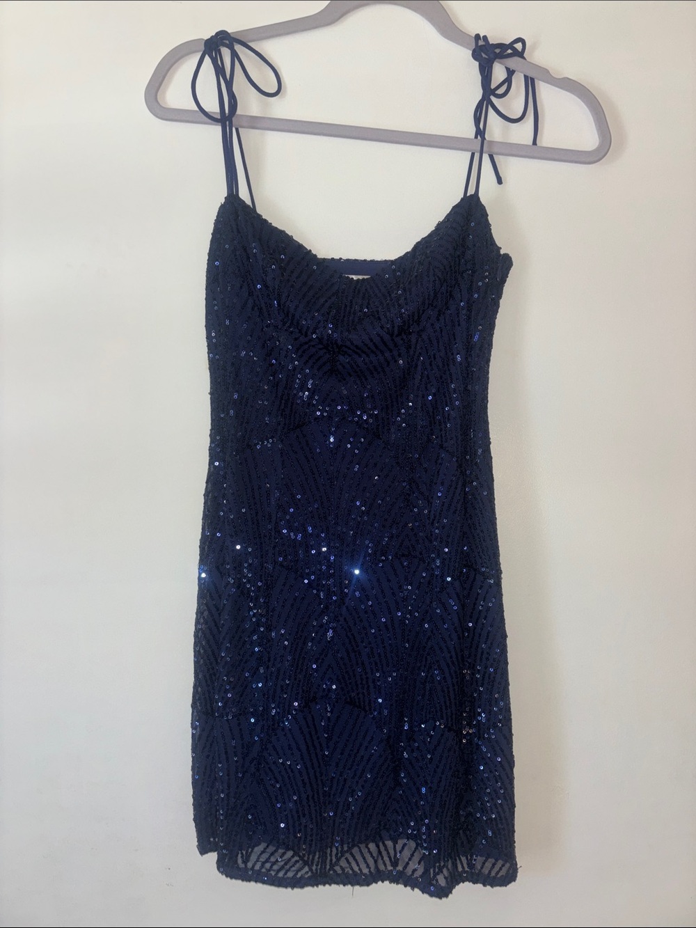 Navy Sequin Tie-Shoulder Mini Dress